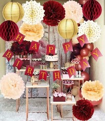 Burgundy Gold Birthday Party Decorations – 6pcs Tissue Pom Poms (10in, 12in)