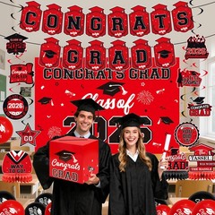 Red and Black Graduation Decorations 2026 – Grad Card Box, Congrats Grad Bann…