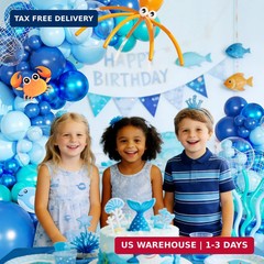 Under the Sea Balloon Arch Kit 130Pcs Dark Blue Metallic Blue Orange Long Balloo