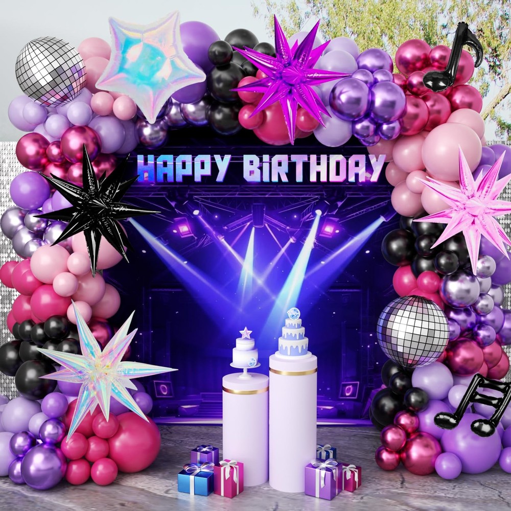 175Pcs Dark Night Kpop Balloons Arch Kit, Black Metallic Pink Purple Disco Ba…