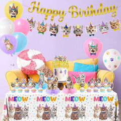 189Pcs Cat Birthday Party Decorations Kit Tableware Banner Balloon Set