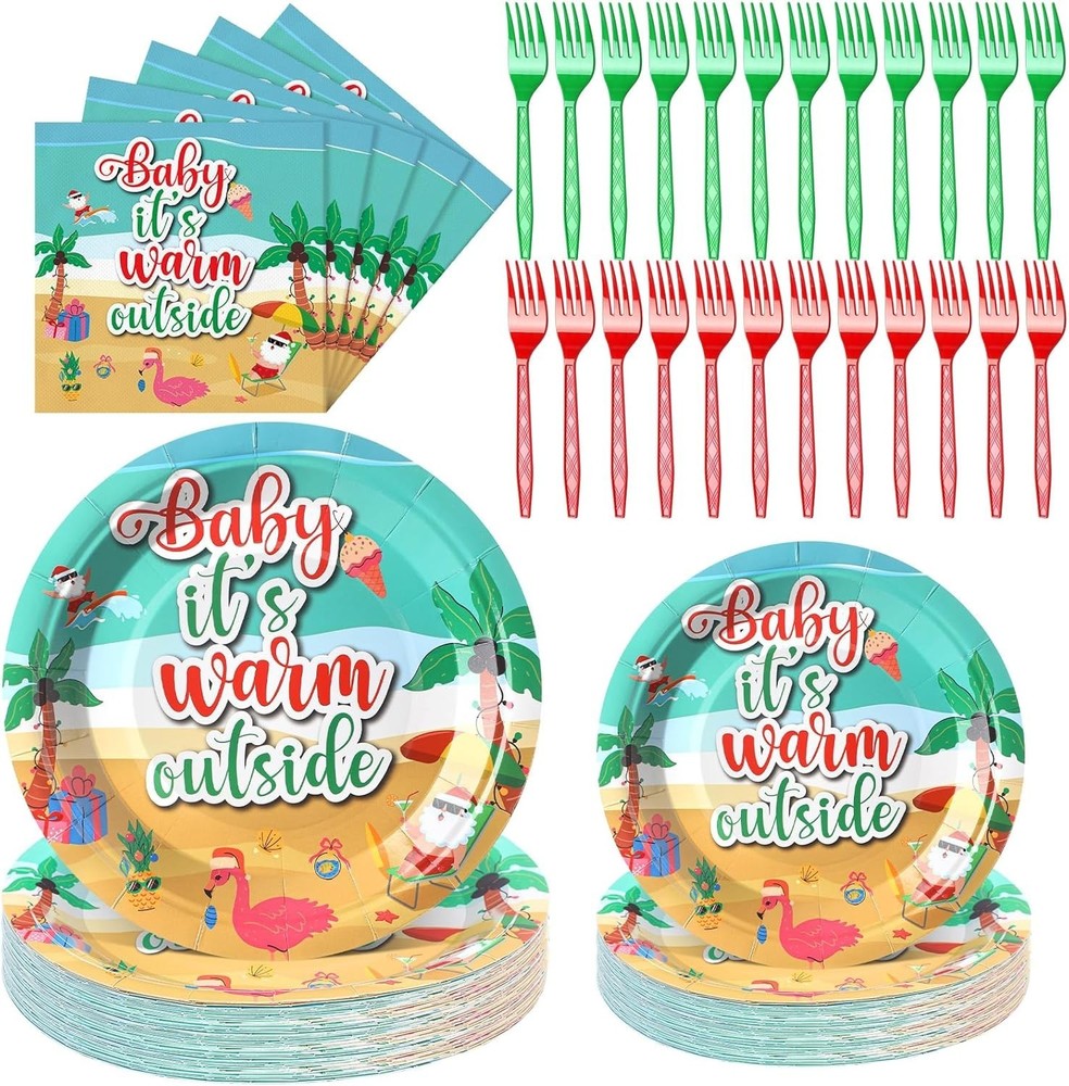 Christmas Warm Outside Beach Disposable Tableware Set (Plates, Napkins, Forks)