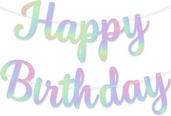 , Iridescent Cursive Happy Birthday Banner – Pre-Strung, 10 Feet | Birthday Deco