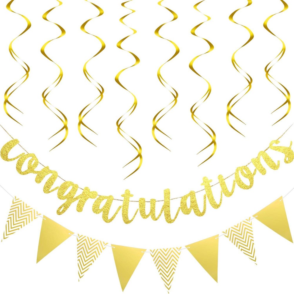 Outus Pre-strung Glitter Congratulations Banner Triangle Flag Gold
