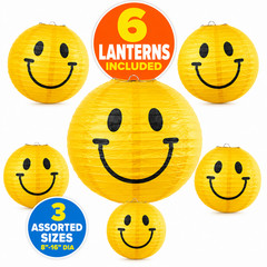 Yellow Smile Happy Face Paper Lanterns 6 Pc 8-16 In Retro Party Hanging Decor