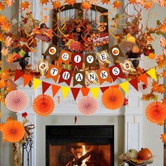 Give Thanks Pumpkin Maple leaf Paper Banner Triangle Flag Bunting Hanging