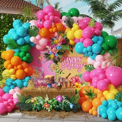 Tropical Balloon Arch Kit 181Pcs Teal, Hot Pink, Orange and Yellow Latex Ball…