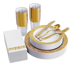 FOCUSLINE 175 Ct Gold Dinnerware Set for 25 Guests, Plastic Plates with Gold …