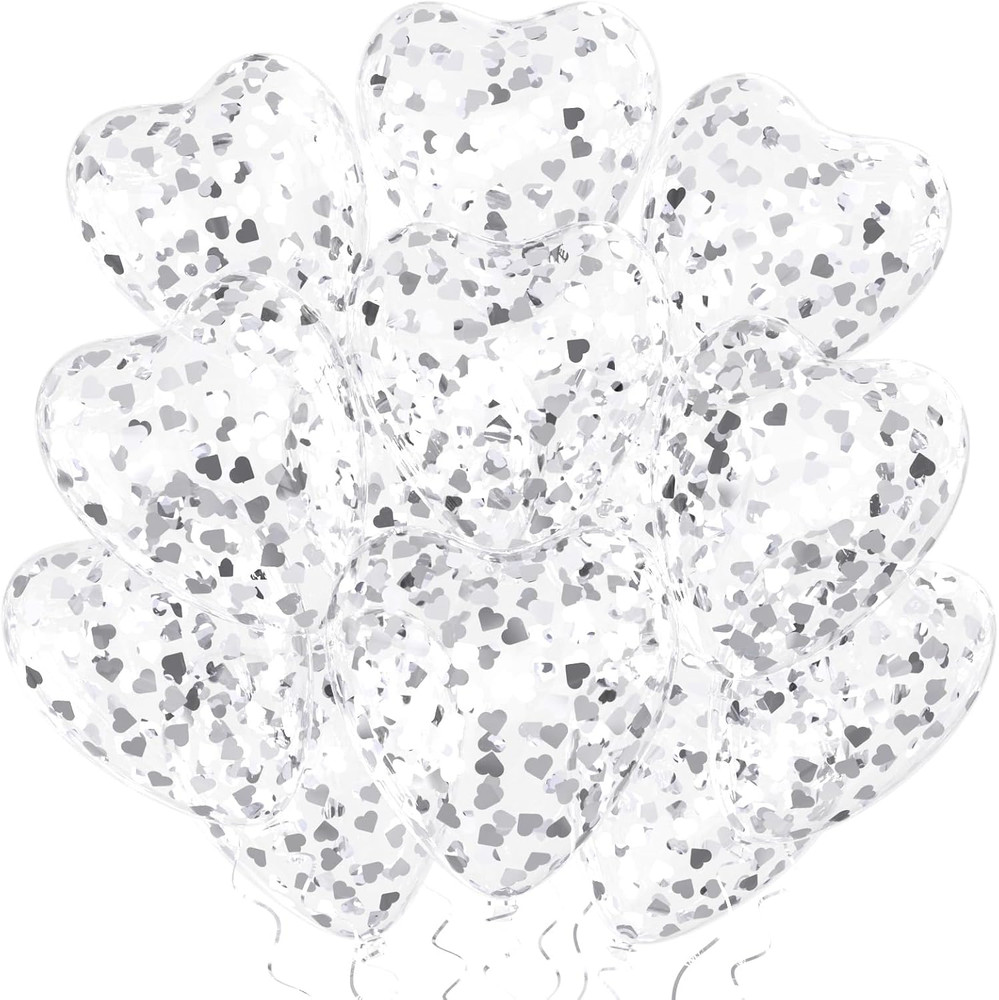 Silver Heart Confetti Balloons 30 Pcs, 12 Inch Clear Heart Latex Balloon with He