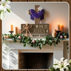 Easter He Is Risen Wooden Sign Table Centerpiece Cross Faux Book 4 PCS