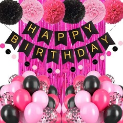 Black and Hot Pink Happy Birthday Decorations for Girls Women, Hot Pink Birthday
