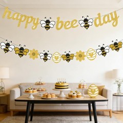 Bee Birthday Party Decorations,Glitter Gold Happy Bee Day Banner with Bumbleb…