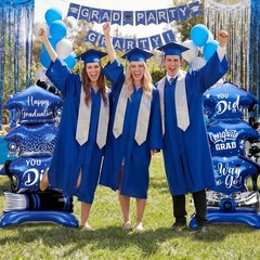 2 Pcs 37″ Blue and Silver Graduation Caps Foil Balloons Giant Self Standing C…