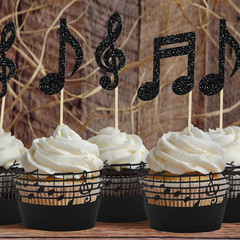 Gyufise 36Pcs Music Notes Cupcake Toppers and Wrappers Glitter Musical Symbols C