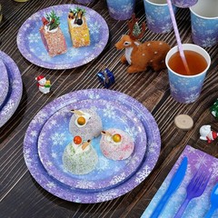 Paper Tableware Set 25 Pieces Blue Purple Snowflake Winter Holiday Party Supp…