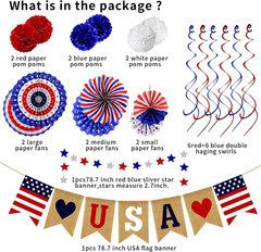 26Pcs Patriotic Decorations LOVE USA Banner Red White Blue Paper Fans Star Stre