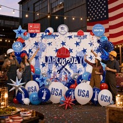 Labor Day Decorations Balloon Kit with Large Fabric Backdrop & USA Printed Foil