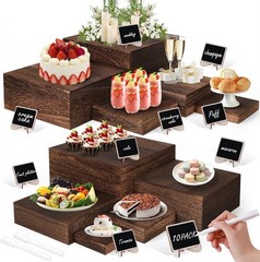8 Size Nested Buffet Risers W/ Mini Signs 8PCS Rustic Wooden Cake & Dessert
