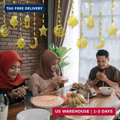 AhfuLife Eid Mubarak Hanging Decorations for Home, 6 Pcs Pre-Tied Hanging Golden