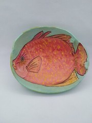 Hand Painted Coconut Shell W/Tropical Orange Fish Signed Beach House Decor