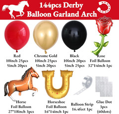 Derby Balloon Garland Arch Kt, 144Pcs Red Black Gold Balloons with Rose Horse Ho