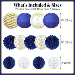 Blue and Gold Party Decorations – 22Pcs Hanging Navy Royal Blue White and Gold P