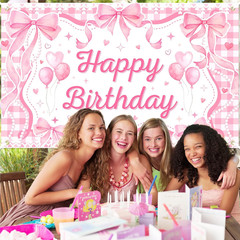 Pink Bow Coquette Birthday Decorations Happy Birthday Backdrop Bow Girls Bachelo