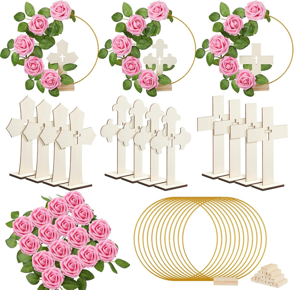 48 Pcs Baptism Centerpieces for Tables, 12 Wooden Cross Floral Hoop with Roses D