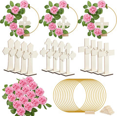 48 Pcs Baptism Centerpieces for Tables, 12 Wooden Cross Floral Hoop with Roses D