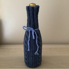 1 New Hand Knitted Blue Cable Pattern Wine Bottle Gift Bag