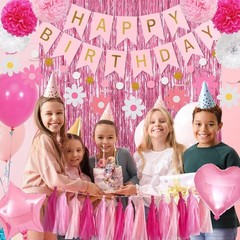 Pink Red Happy Party Decorations kits for Girls with Happy Banner, Fringe Cur…
