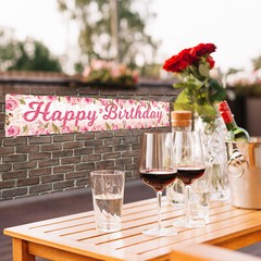 Green Leaf Pink Rose Flower Happy Birthday Decorations Party Garage Decor Banner