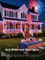 4th of July Solar String Lights – 400 LEDs, 132FT Red, White & Blue Waterproof