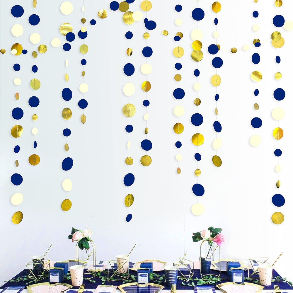 46 Ft Navy Blue and Gold Circle Dots Garland Royal 11.5 feet,