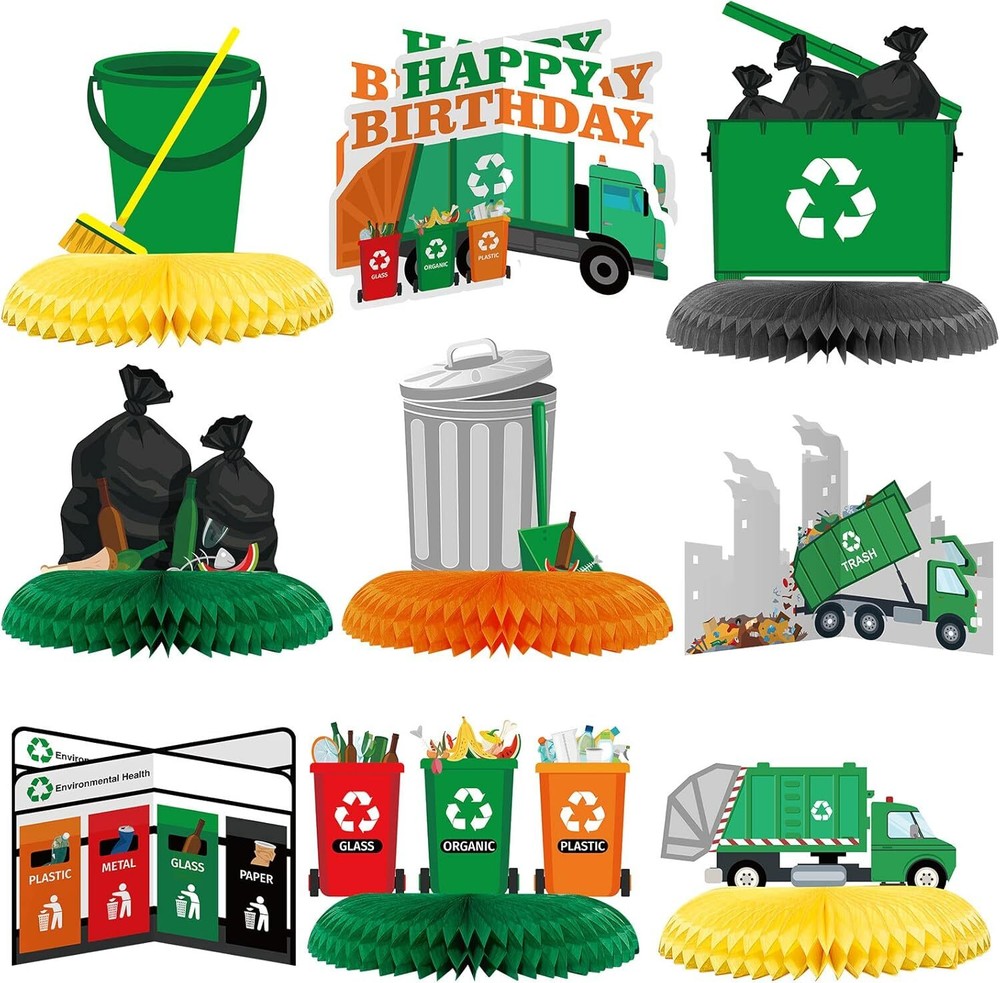 9 Pcs Garbage Truck Birthday Party Supplies Garbage Honeycomb Table Centerpiece
