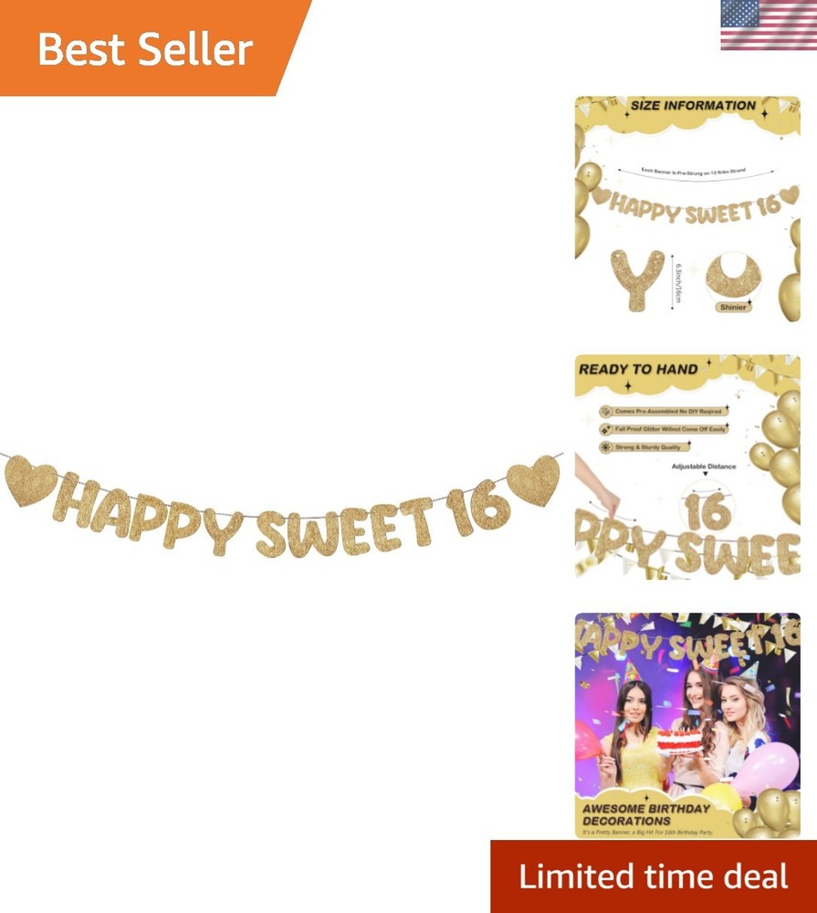 Pre Strung Happy Sweet 16 Banner Glitter Sixteenth Birthday Party Decorations…
