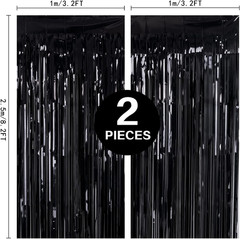 2 Pack 3.2Ft X 8.2Ft Black Tinsel Foil Fringe Curtains, Metallic Foil Tinsel Pho