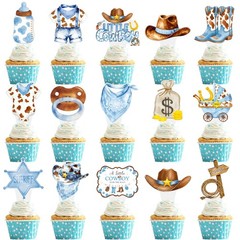 48pcs Little Cowboy Baby Shower Cupcake Toppers Blue Brown Western Theme Baby…