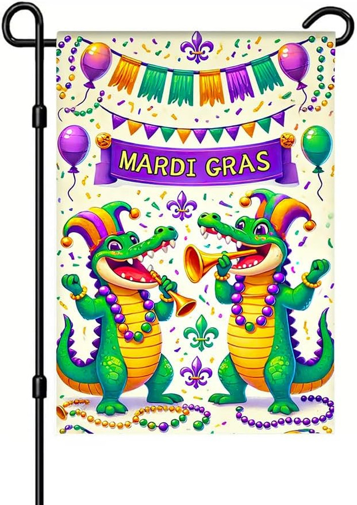 1PC 2D Flat 79X47 Inch Mardi Gras Party Banner with Cartoon Alligators Jester Ha