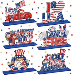 6 Pcs 4th of July Wooden Table Decorations, Patriotic Table Centerpieces, Red Wh