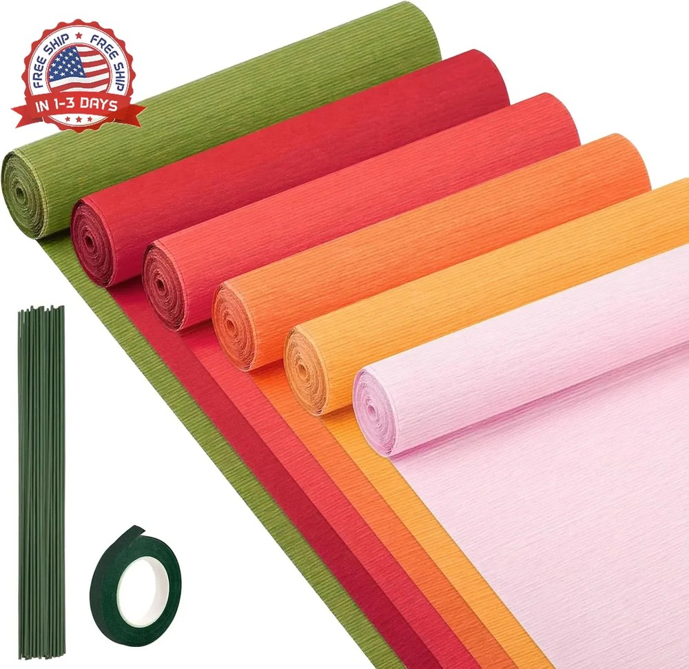 6 Rolls Crepe Paper Streamers, 10 Inch x 8 Feet Flower Making Kits with Floral T