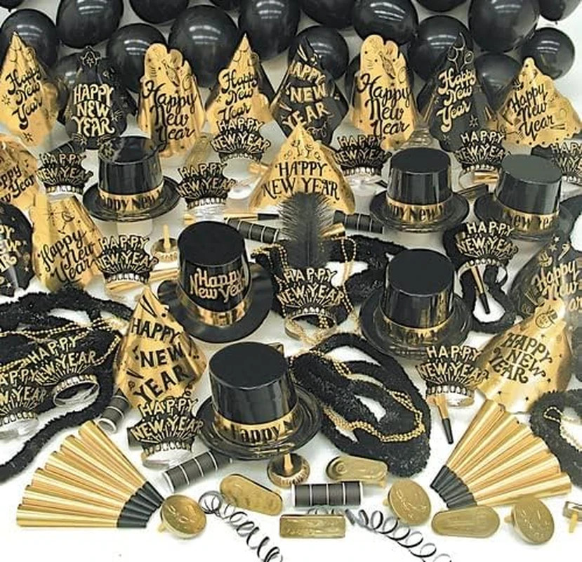 New Years Eve Party Supplies, 352 Pieces, Black and Gold Top Hats Tiaras Bead Ne