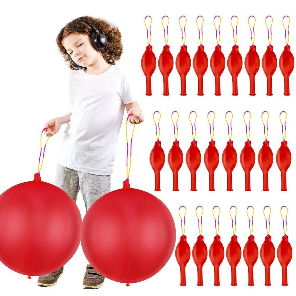 24 Pcs Red Punch Balloons Bounce with Rubber Band Handle Punching Balloon Hea…