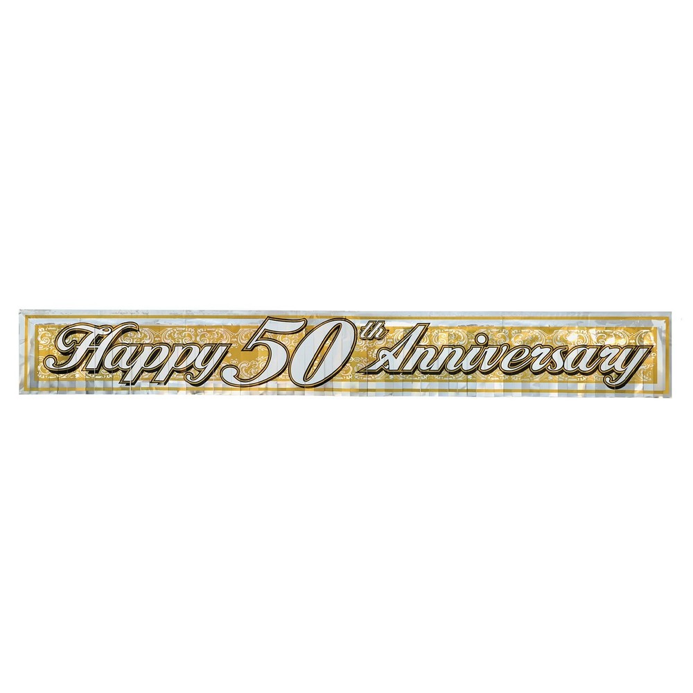 Metallic 50th Anniversary Fringe Banner (gold) Party 8″ x 5′, Gold/White