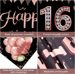 Happy 16Th Birthday Banner Decorations for Girls, Rose Gold Sweet 16 Birthday Pa