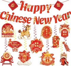 Chinese New Year Decorations 2026, Happy Banner with Red