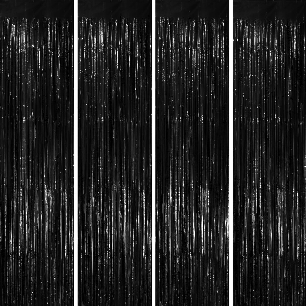 4 Pack Black Foil Fringe Backdrop Curtains Tinsel Streamers Party Decor