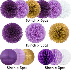 Purple Gold Party Decorations 15Pcs Paper Flowers Lanterns Tissue Pom Poms Honey