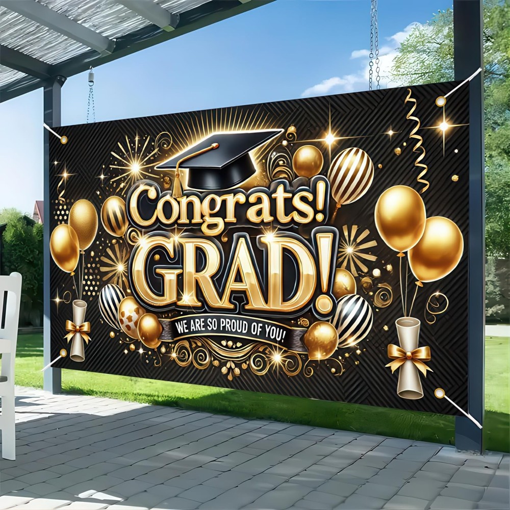 Class of 2025 Graduation Decorations Banner Party Hanging Banner Gold and Bla…
