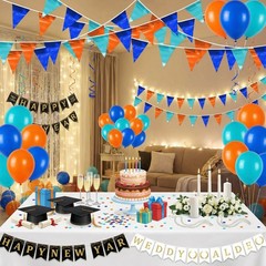 3P Blue LightBlue Orange Party Decorations – Metallic Fabric Triangle Pennant…